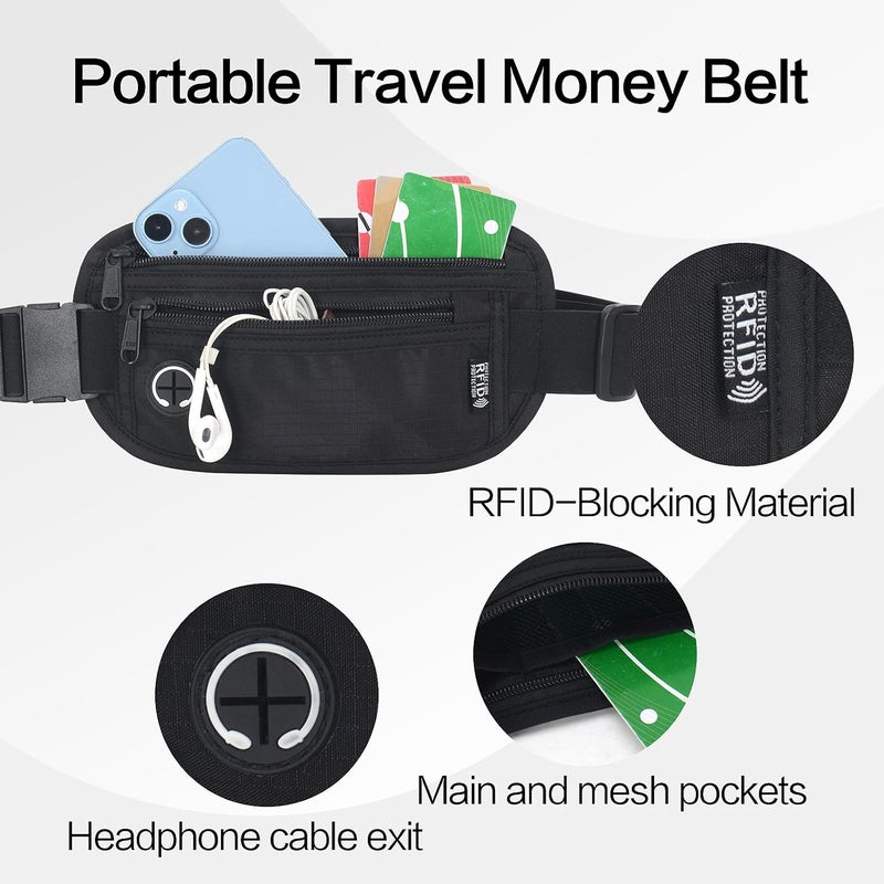 Arouselove Slim RFID Blocking Money Belt for Travel - Anti-Theft Hidden Passport Holder Waist Wallet with Secure Pouch for Cash, Credit Cards & Phone Safe (Black) - Image 2